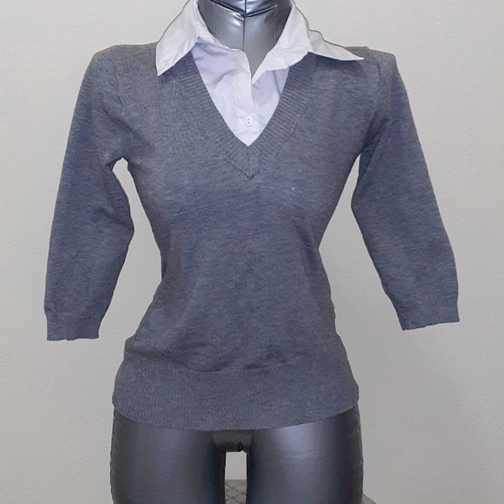 V-Neck Tee With White Collar Blouse